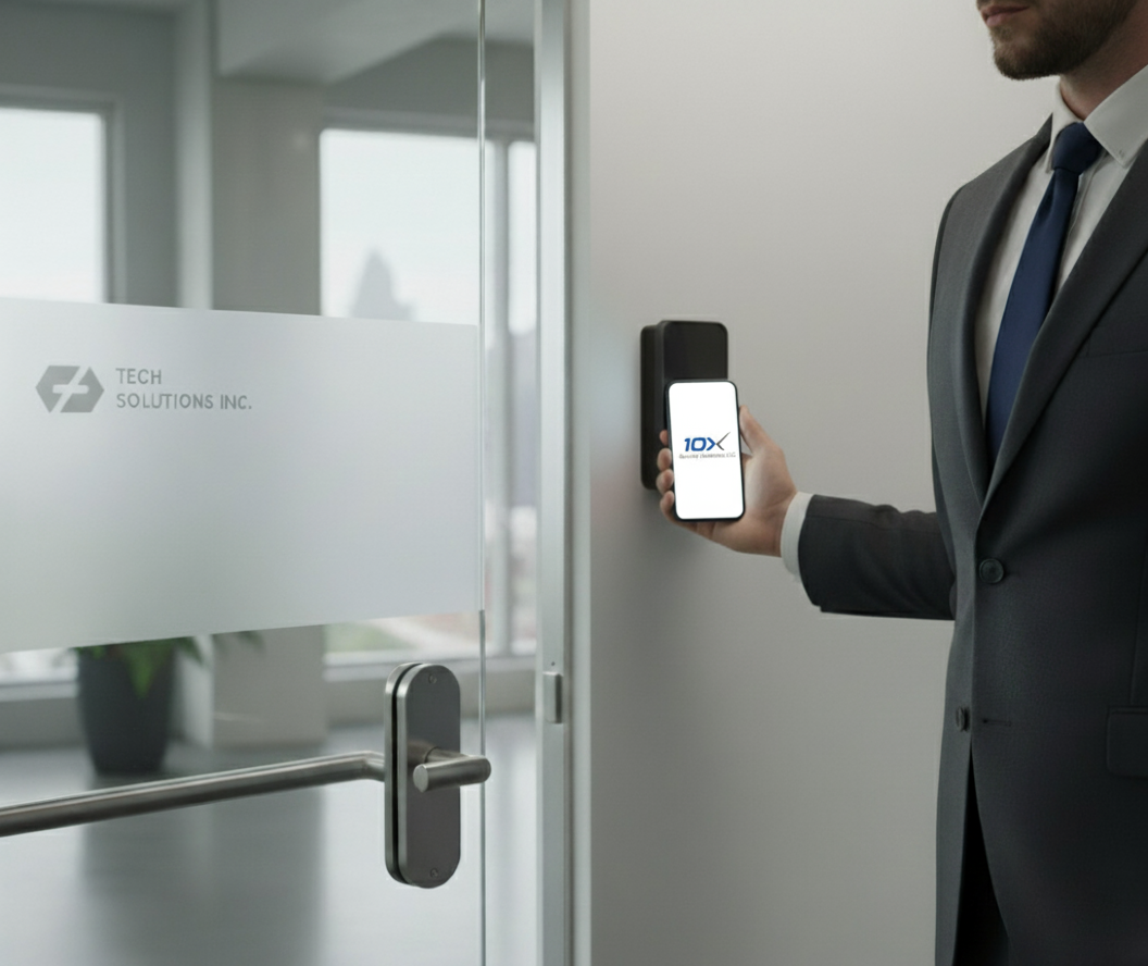 A professional using a mobile phone for access control at a secure glass door.