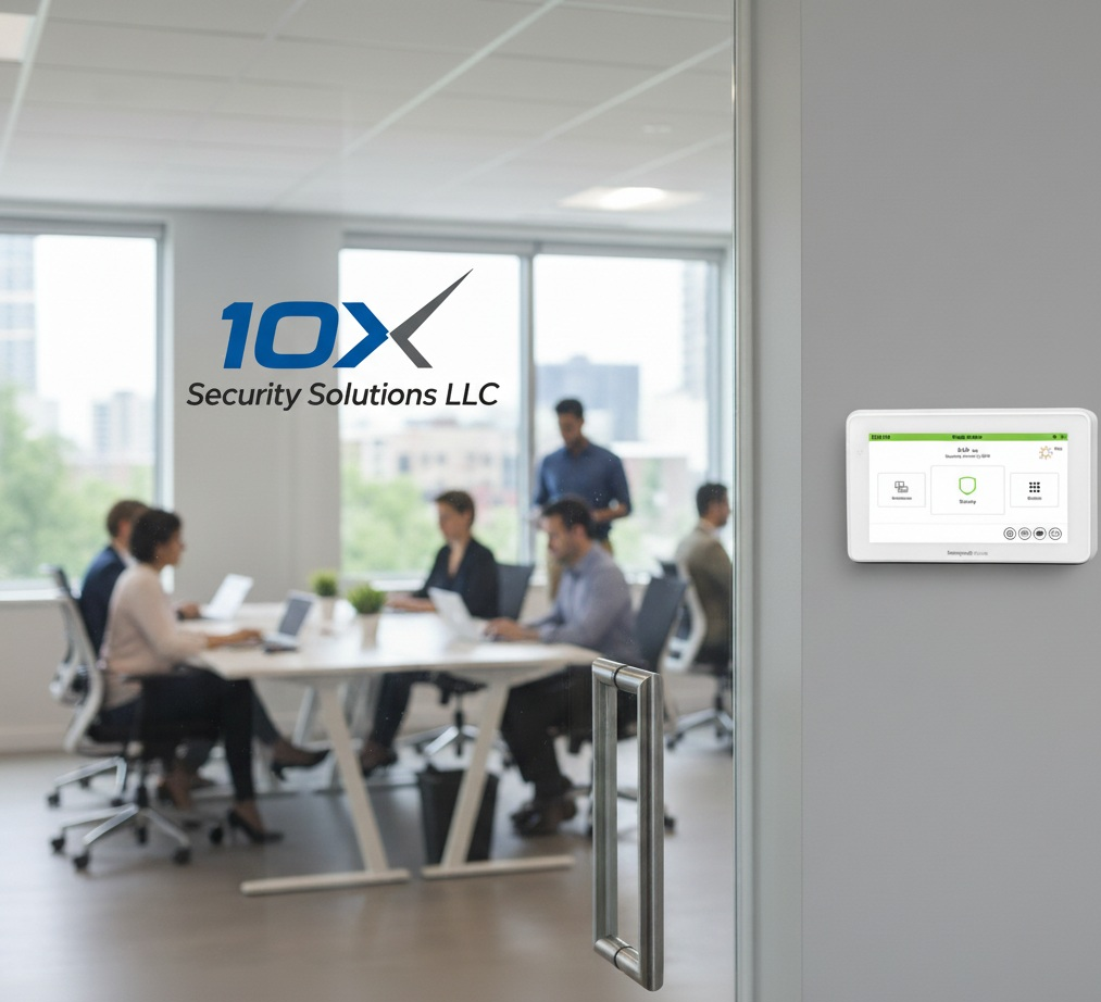 A modern security alarm panel on an office wall with the 10x Security Solutions logo on the glass door.